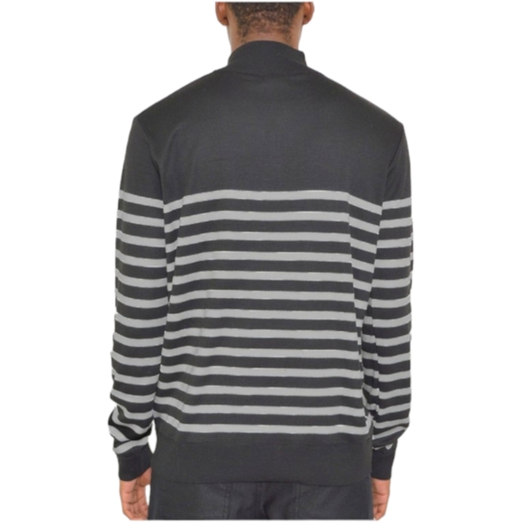 Men's Black and Grey Striped Quarter Zip Pullover Sweater - Picture 4 of 4
